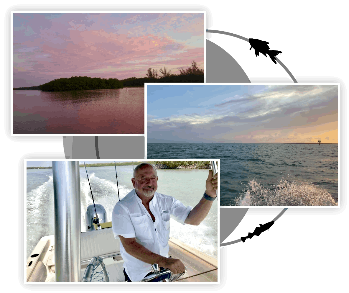 Four pictures of a man fishing on a boat at sunset.