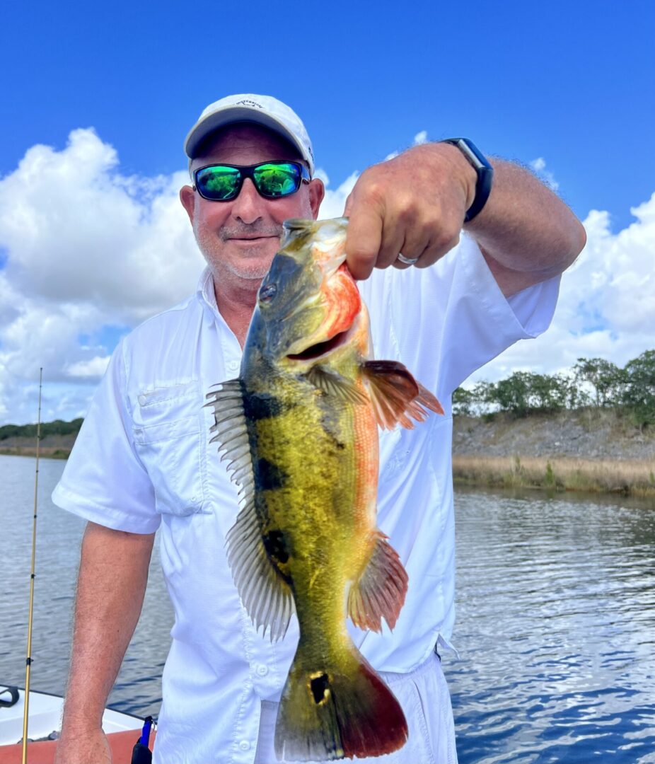 A man holding up a large bass on a boat.